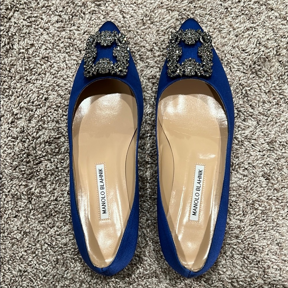 Manolo Blahnik Blue Flats with Crystal Embellishments